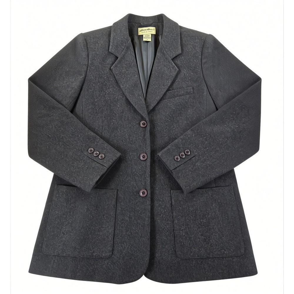 Eddie Bauer Womens M Vintage Wool Blend Blazer Jacket Charcoal Grey 3-Button